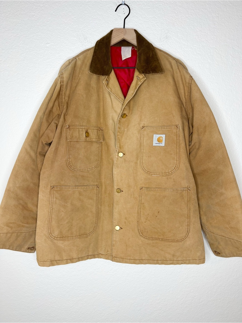 Vintage Carhartt Chore Jacket Barn Tan Duck Canvas Distressed Lined Mens size 44